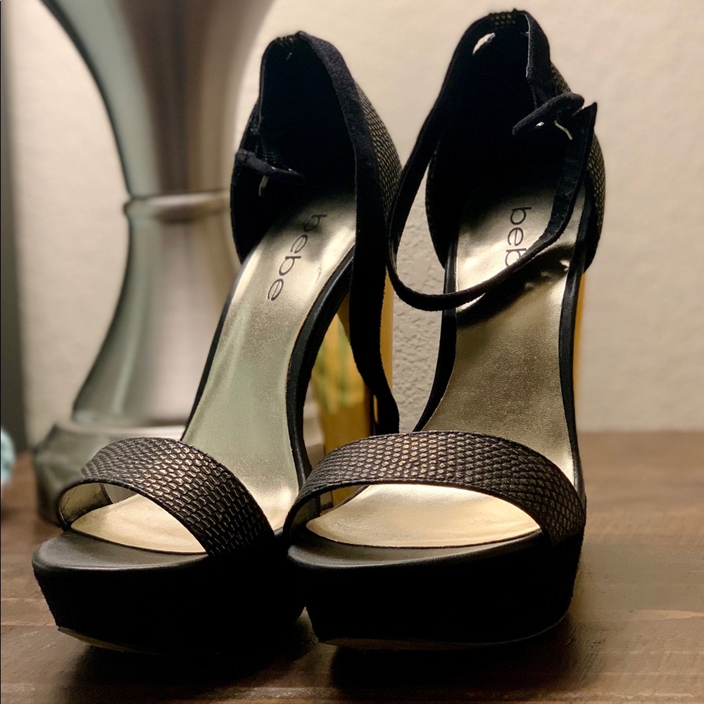 Bebe Black & Gold Platform Sandals - Picture 2 of 8